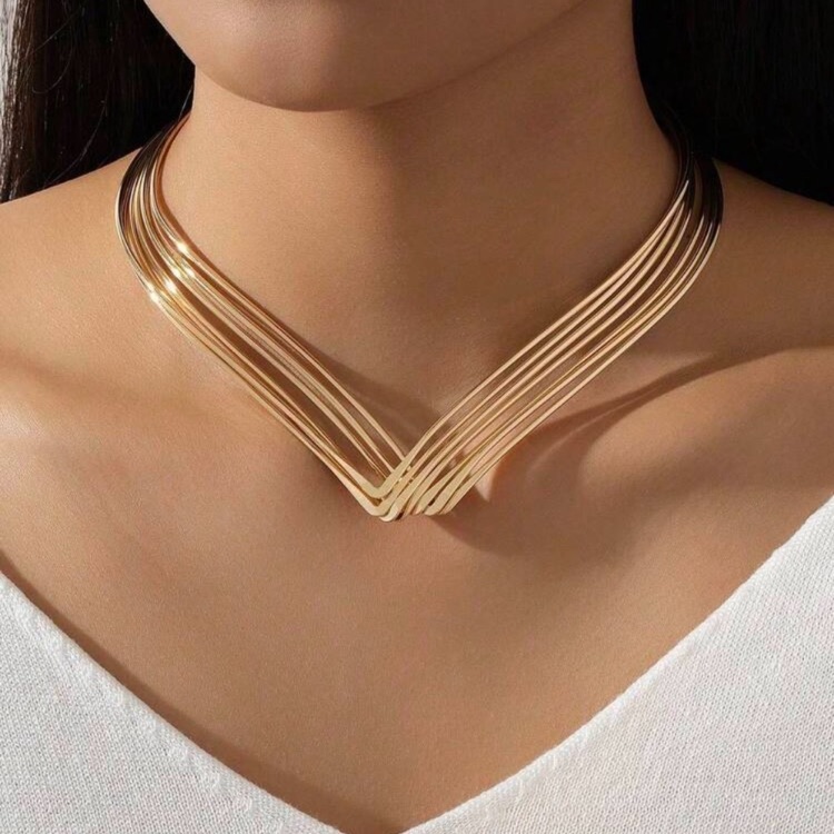 Gold V-Shaped Layered Collar Statement Necklace 18k Gold Plated New